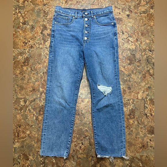 Express Denim - Express Button Fly Medium Wash Slim Ankle Raw Hem High Rise Jeans Size 6 Short